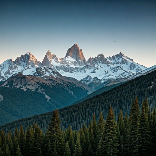 Prompt: mountain landscape with snow peaks and pine forest, 4k photography