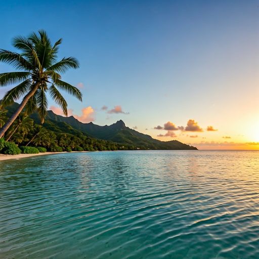 Prompt: tropical beach sunset with palm trees and crystal clear water